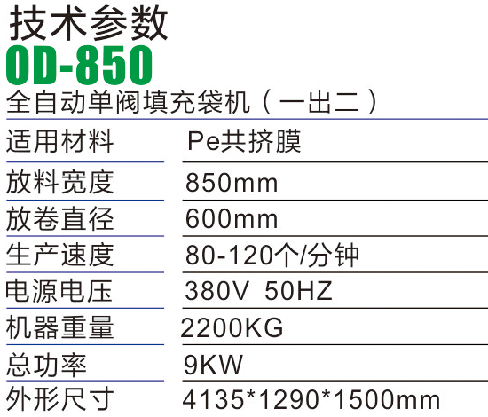 OD-850型全自动单阀填充袋机（一进二出）-气柱袋生产设备